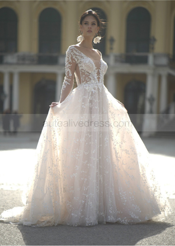 Long Sleeves Beaded Ivory Lace Tulle Luxury Wedding Dress
